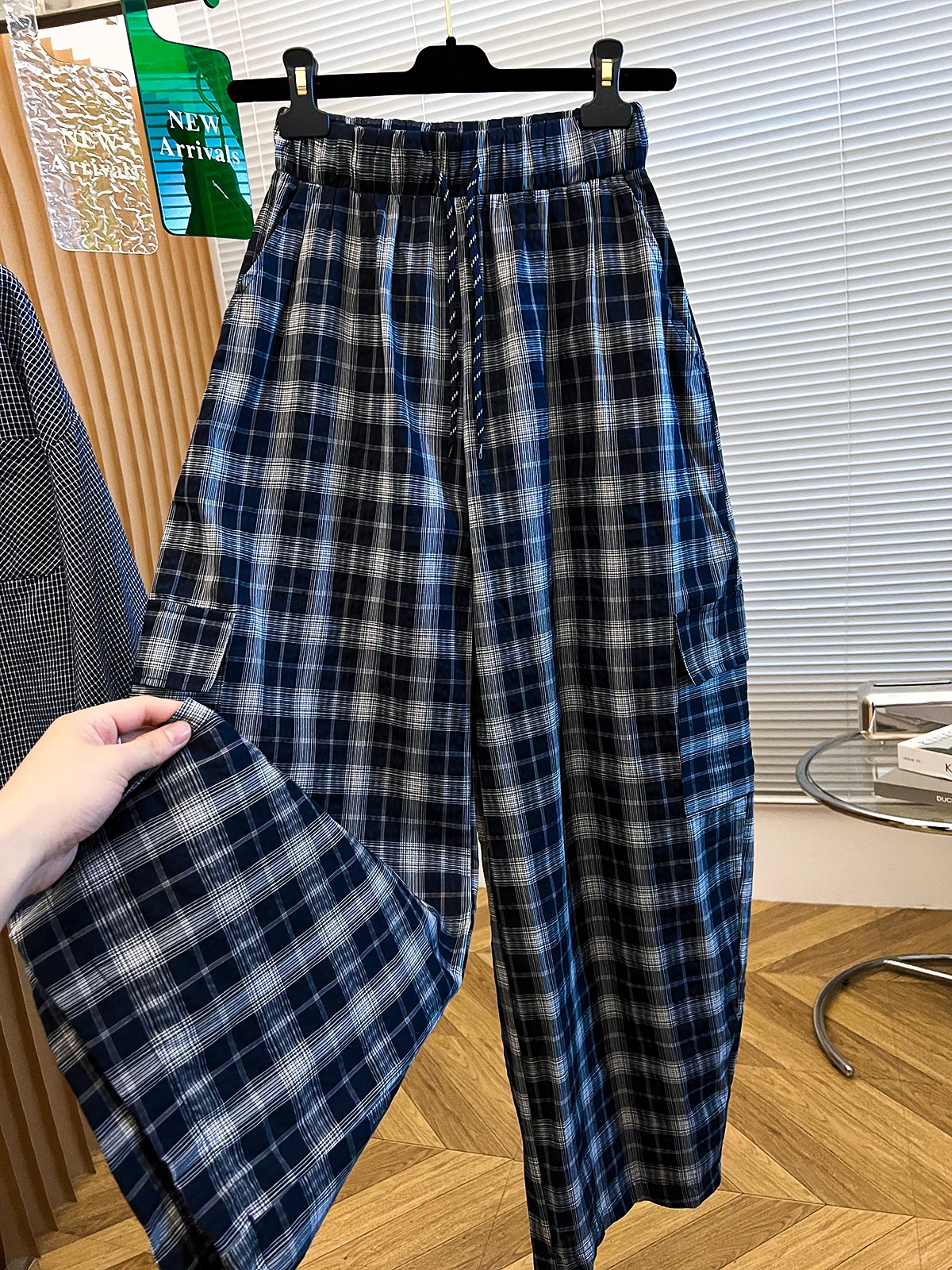 Faionable Plaid Wide Leg Pants Women's Autumn Loose Waist plus Size Trendy Agel Knife  Dstring Casual Trousers