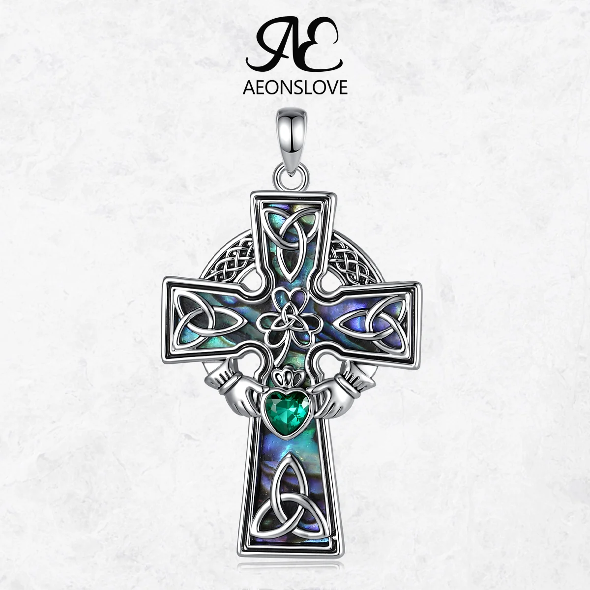 AEONSLOVE Celtic Cross Necklace Abalone Shell Trinity Knot Shamrock Claddagh Pendant Irish Jewelry Party Gifts for Women Men