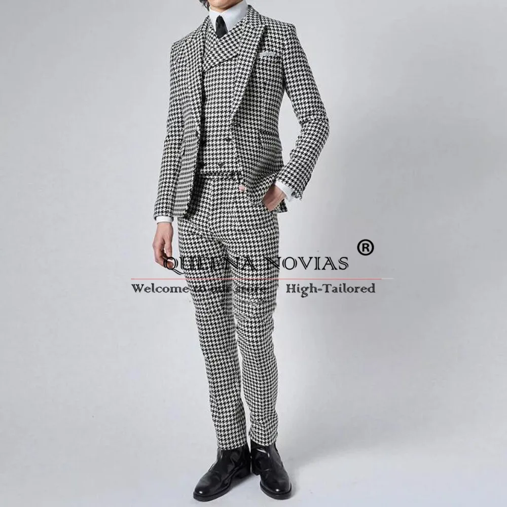 

Classic Houndstooth Suit Men Customized 3-Piece Formal Occasion Wedding Groom Tuxedos Slim Fit Banquet Blazers costumes homme