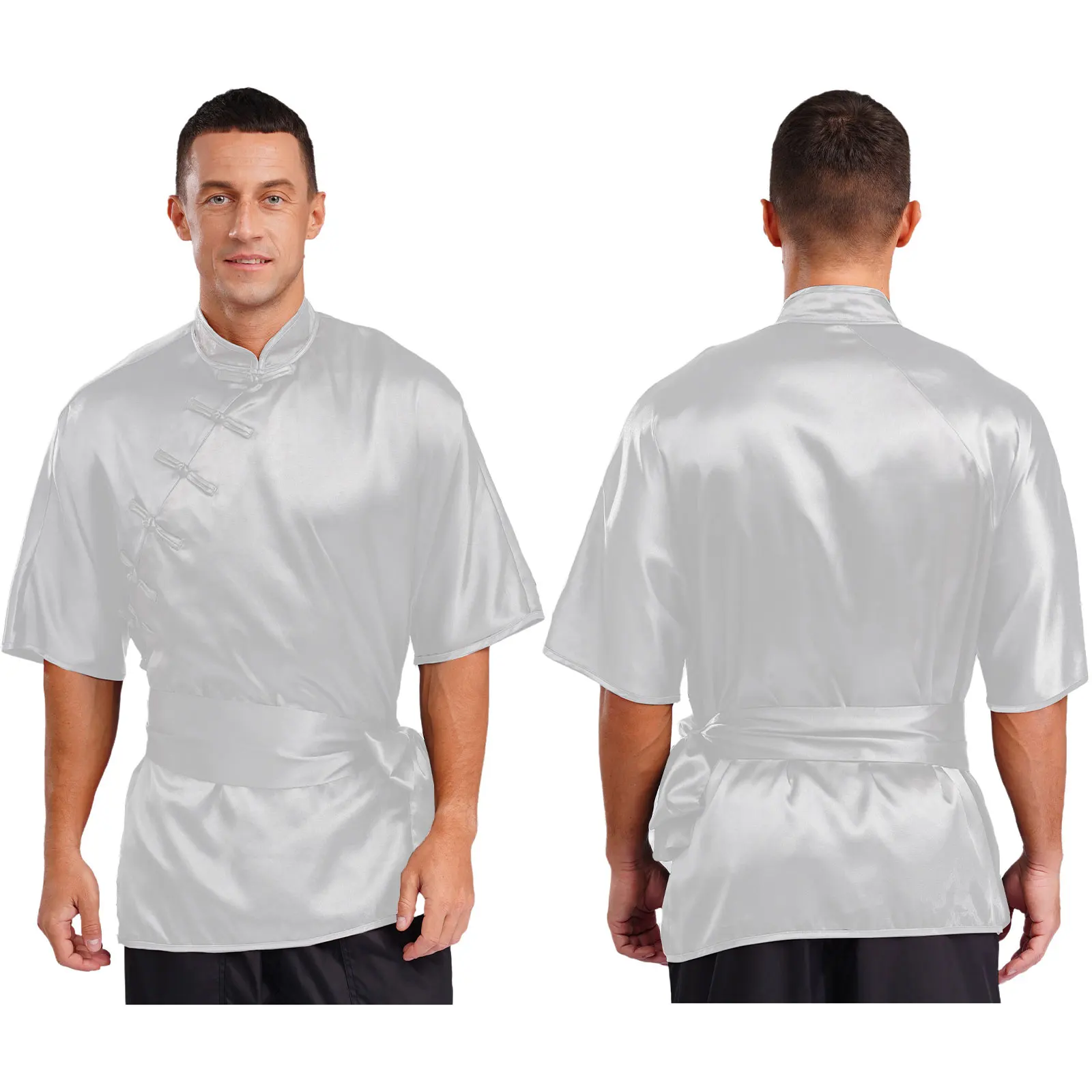 

Adult Men Silky Shiny Kung Fu Boxing Martial Arts Wushu Performance Matches Competition Shirt Tops with Belt Warrior Costume