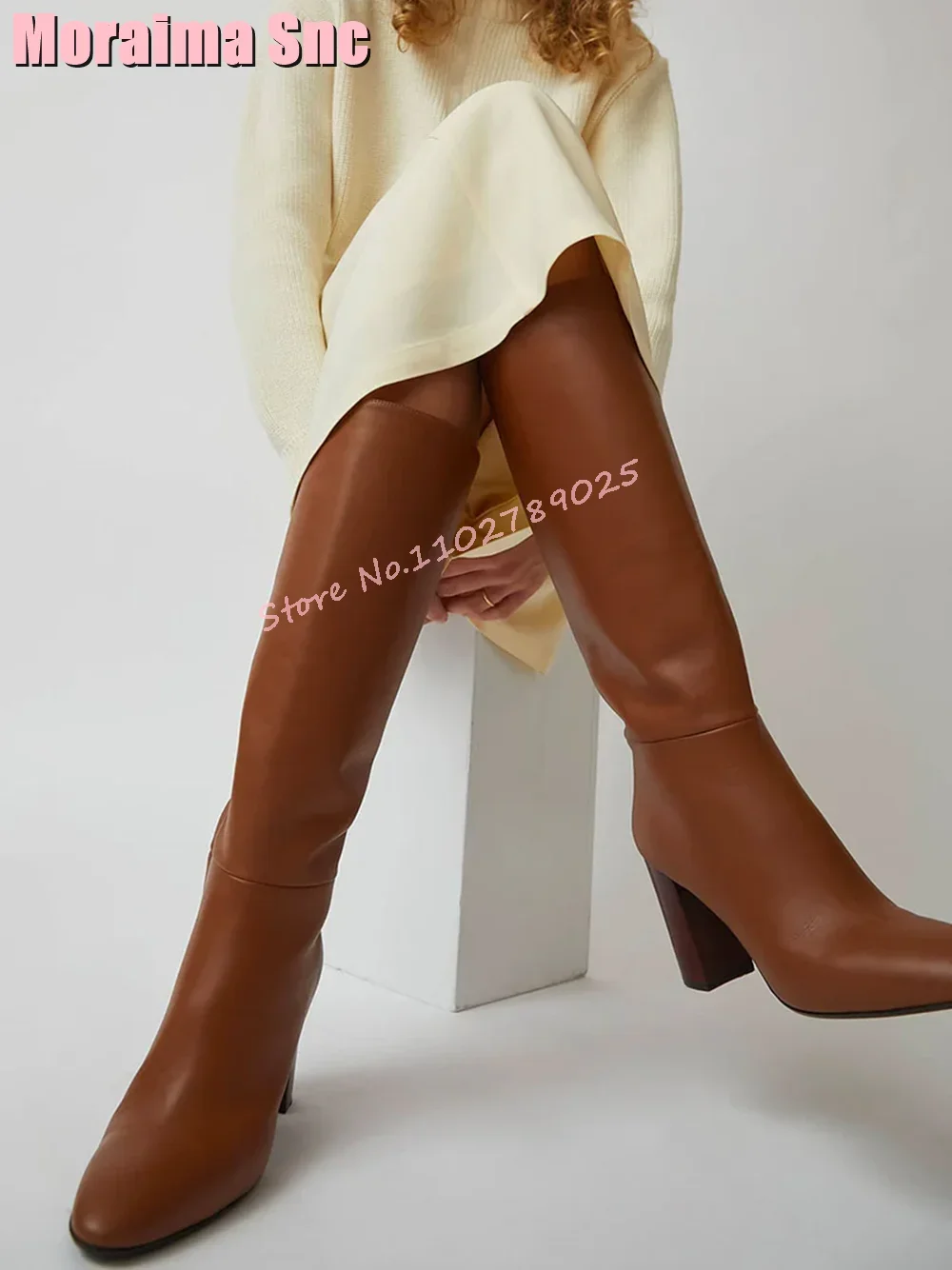 

Fashion Pointed Toe Plain Brown Knee High Boots Block High Heel Side Zipper Sexy Fashion Concise Women's Long Boots Autumn 2024