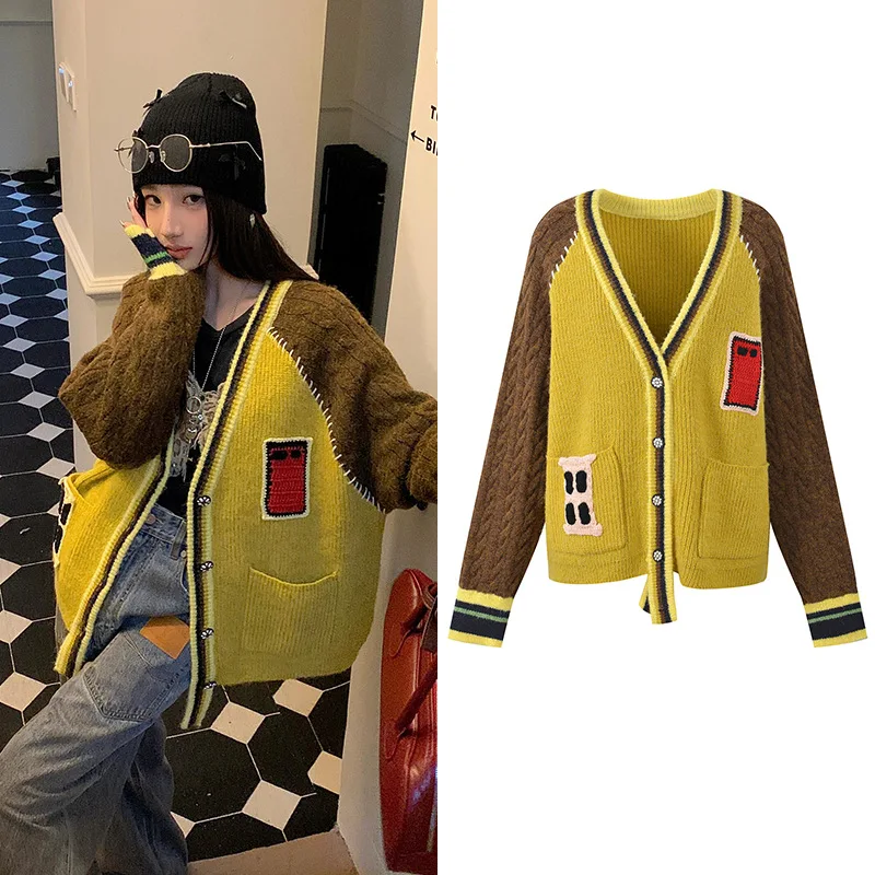 

Loose V-Ne Knitted Open Cardigan Faionable Lazy Sle Color Blo Sweater Coat Women's Commute Sle Autumn 2024 New Design