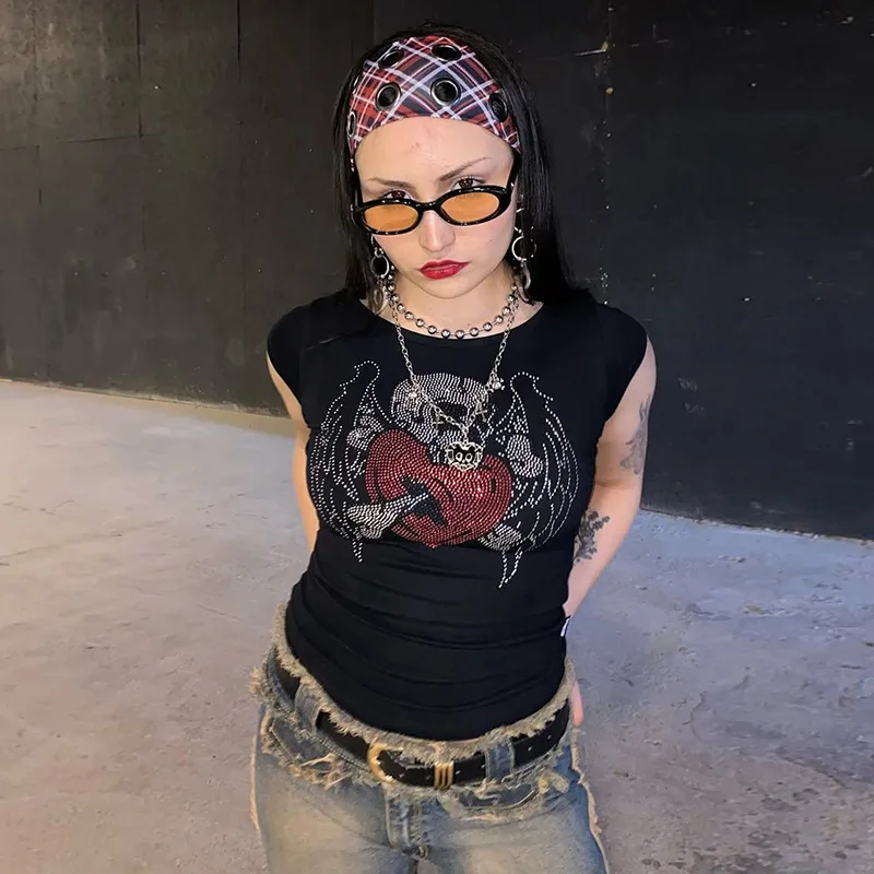 

Punk Gothic Basic T-shirt Skull Hot Diamond Printed T-shirt 2025 New Personalized High Street Versatile Vest For Women