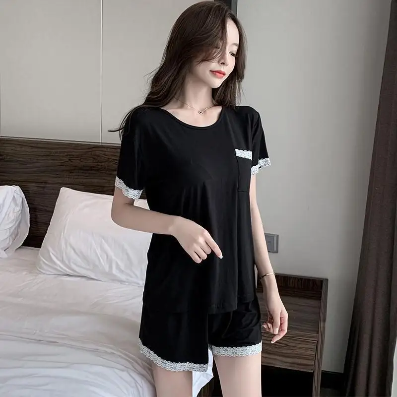 

Pajama Sets Women Short Sleeve Patchwork Black Summer Daily Sleepwear Lace Chic Fashion Home Lounge Wear Korean Style Nightwear