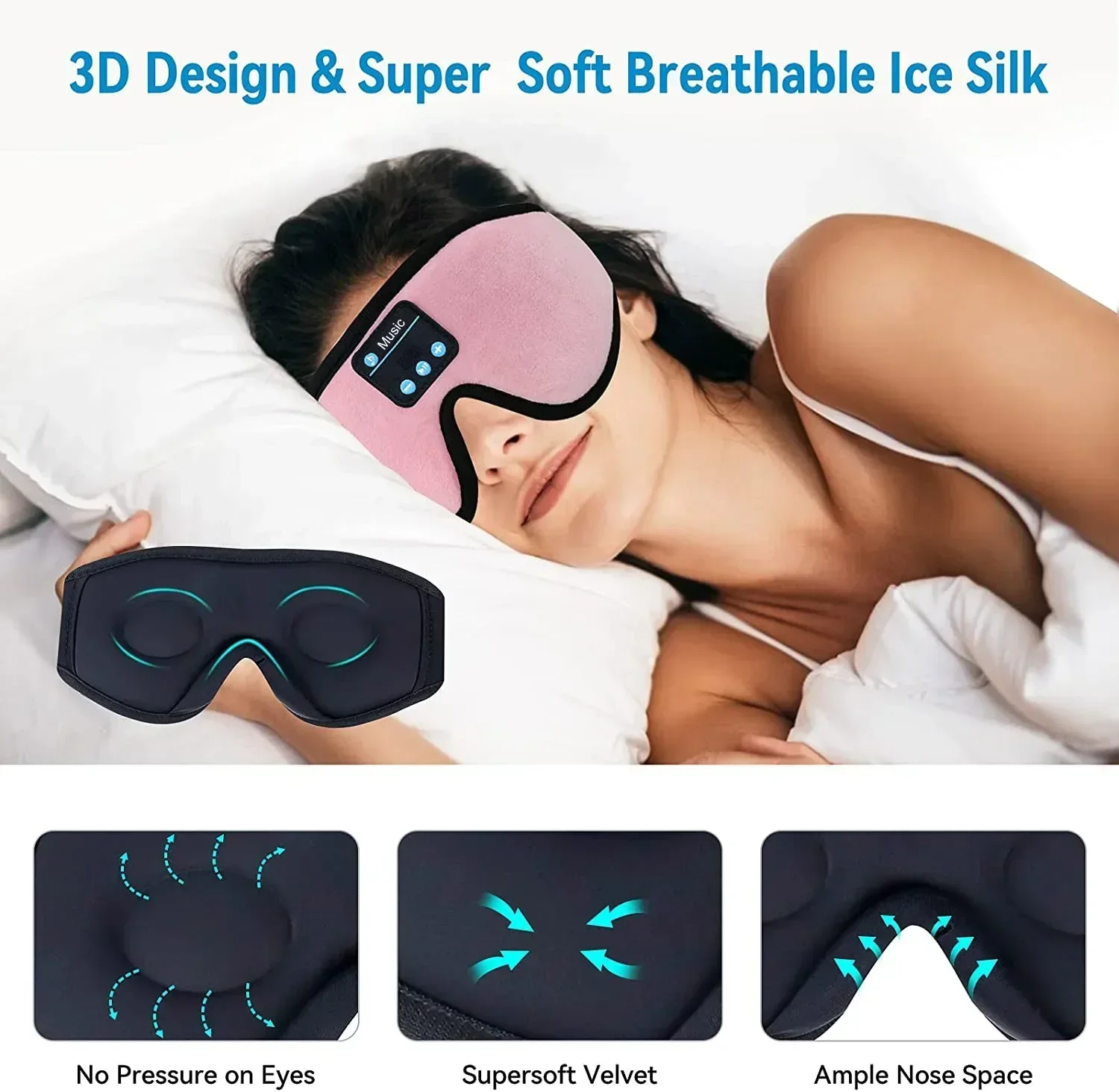 Sleep Headphones 3D Bluetooth 5.0 Eye Mask Headband Wireless Sleeping Breathable Music Earbuds Thin Speakers for Side Sleeper