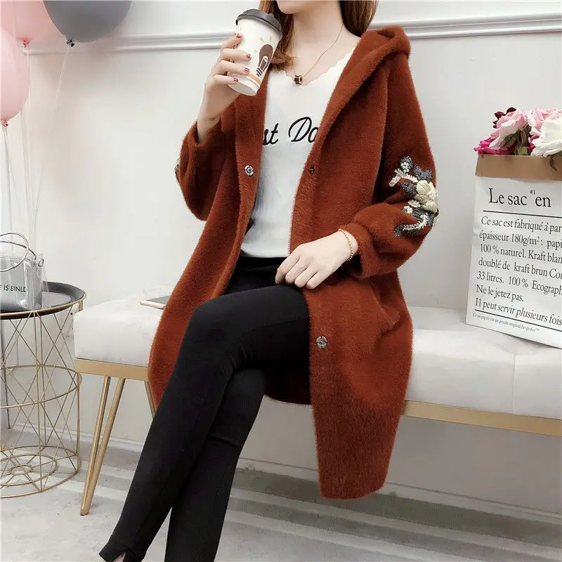 2024 Autumn Winter Middle Aged Women Faux Mink Cashmere Sweater Coat Thicken Hooded Mother Knitted Cardigan Woolen Coats U922