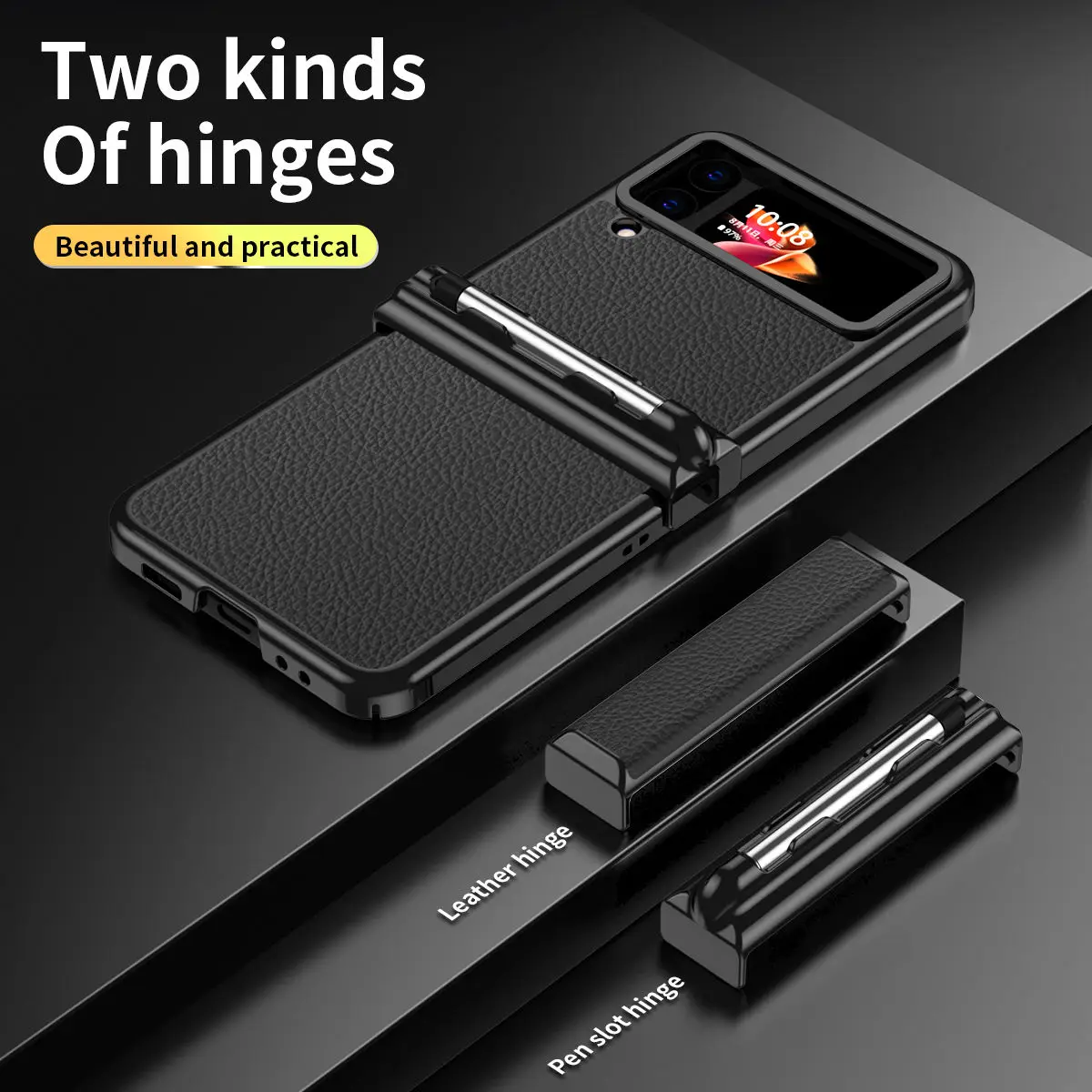 Electroplated Plain Leather Case For Samsung Galaxy Z Flip 4 with Double Hinge and Telescopic Pen Design Full Protection Cover