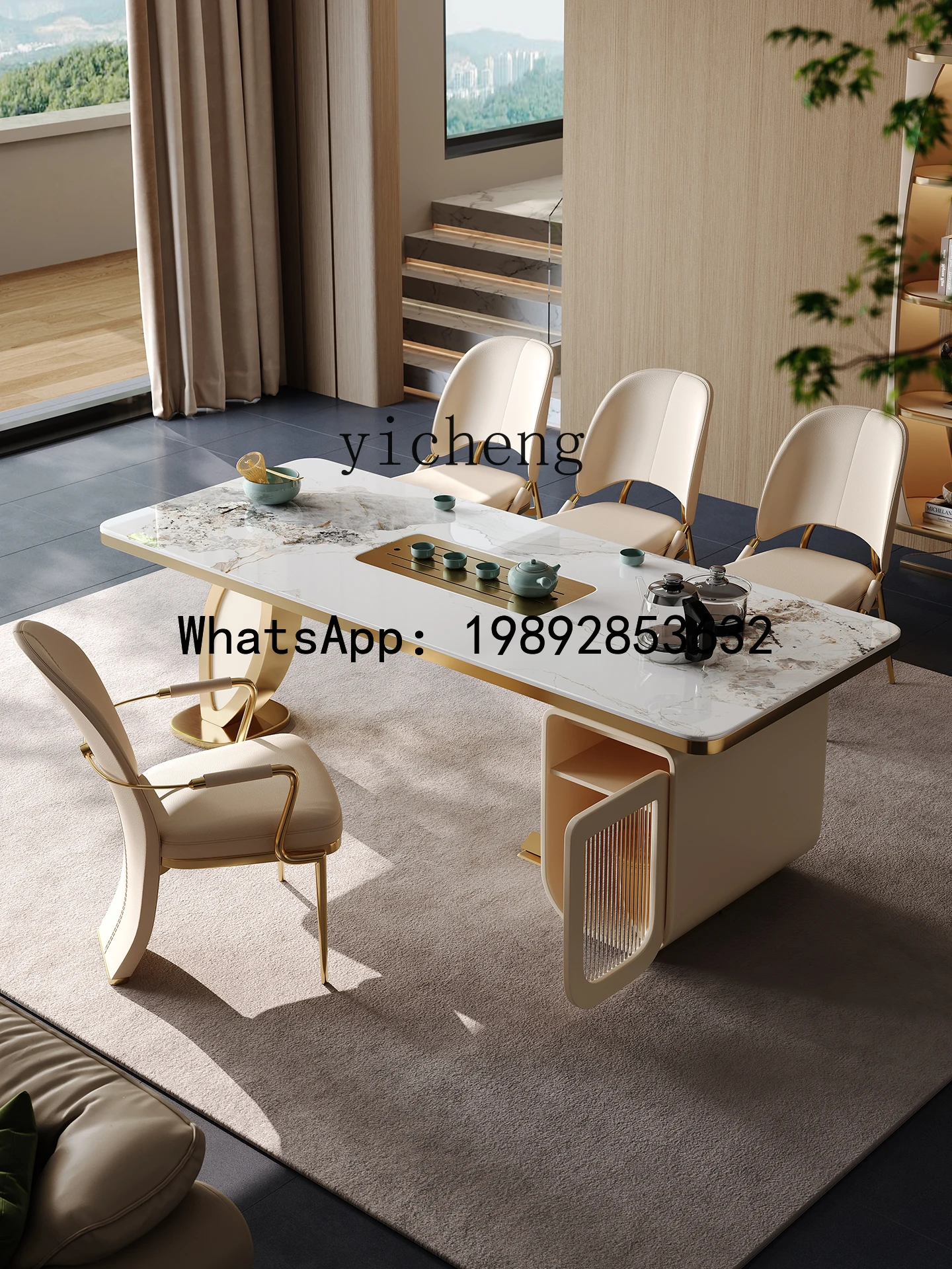 

X Rock Slab Tea Table and Chair Set for Home Use with Integrated Kettle