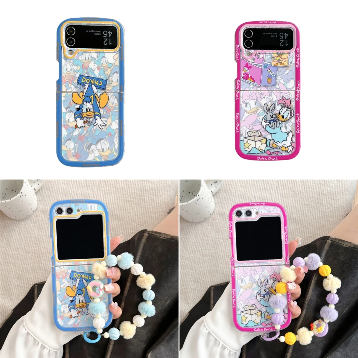 Fashion Disney Donald Daisy Duck With Lanyard Phone Case For Samsung Galaxy Z Flip 3 4 5 5G ZFlip3 ZFlip4 ZFlip5 5G Lovers Cover