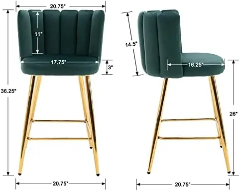 26' Velvet Barstools Set of 4, Green, Gold Legs, Modern Kitchen Island Stools