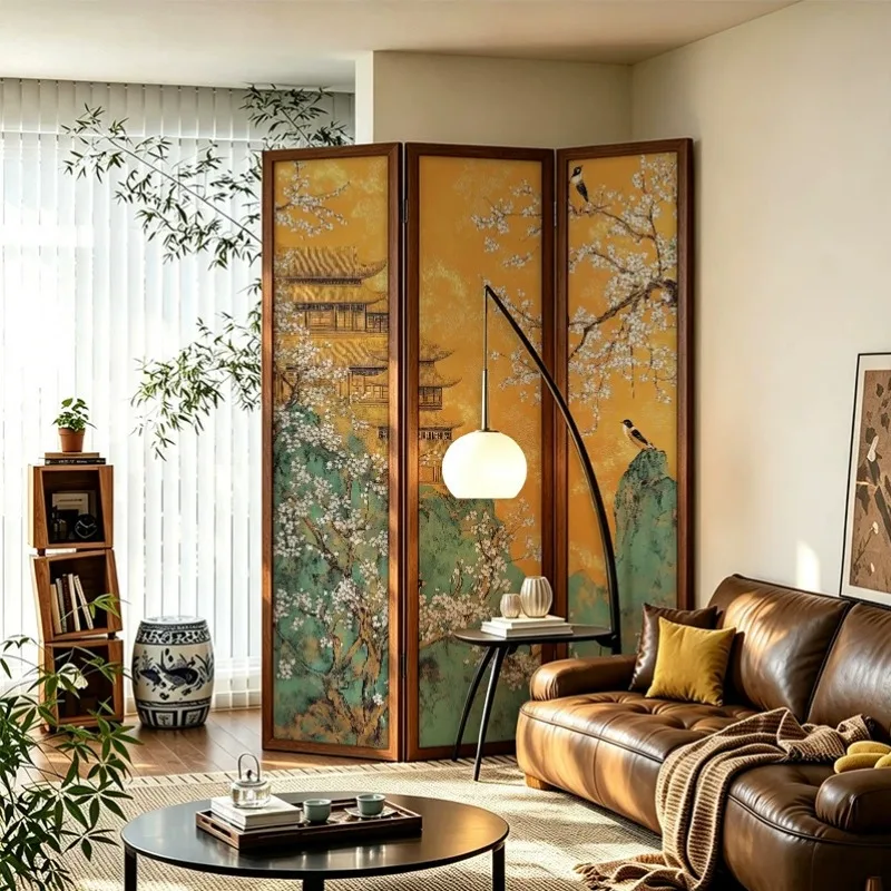 Song Dynasty aesthetics, flowers and birds, solid wood folding screen, household foldable mobile screen, porch partition wall, a