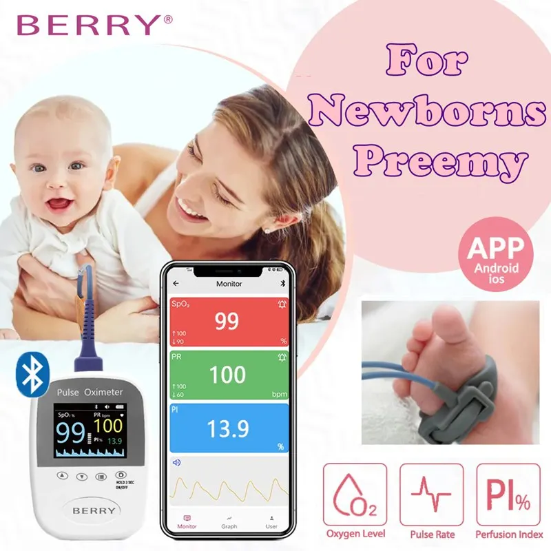 

Berry BM1000A Handheld Pulse Oximeter Premature Baby Preemie SPO2 Pulse Rate PI Bluetooth APP Oxygen Saturation with alarm