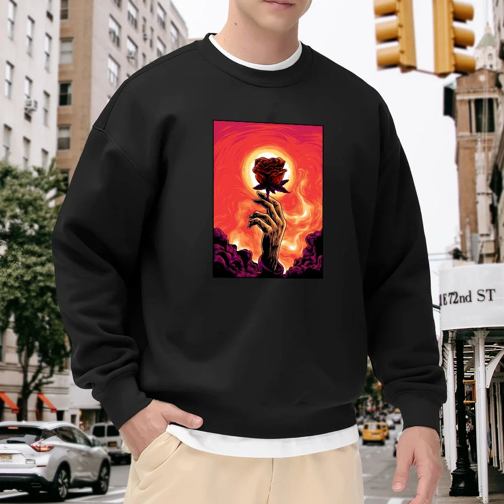 

Men's Black Crew Neck Sweatshirt, Loose Casual Top, Rose Palm Print Pattern, Retro Street Style, Versatile and Trendy for Everyday Wear, Comfortable and Breathable