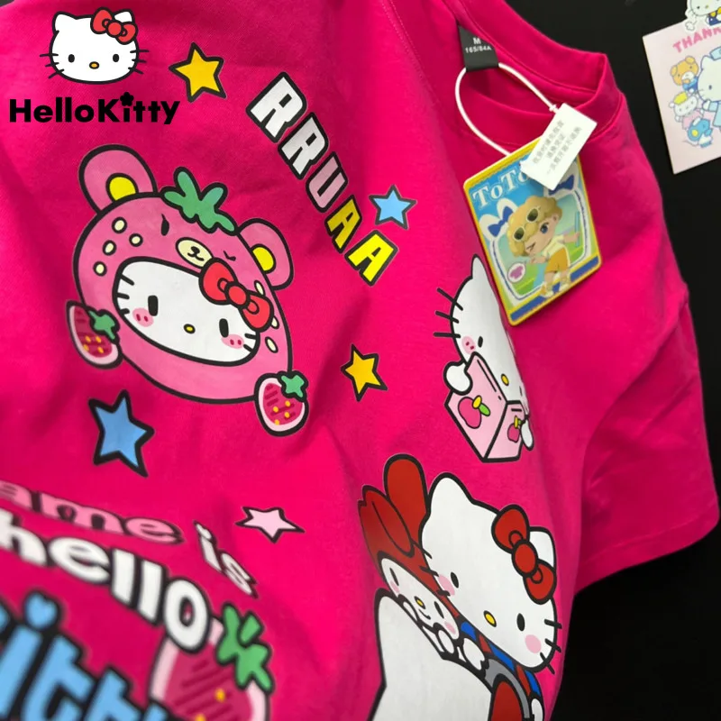 Sanrio Hello Kitty New Clothes Rose Red Fashion Short Sleeve T-shirts Y2k Summer Cotton Loose Tees Women Korean Style Sweet Tops