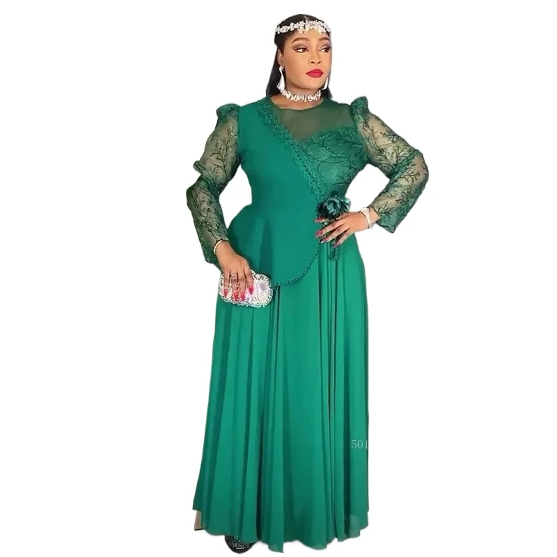 

plus Size African Dashiki Robe Women's Elegant Mesh Maxi Dress Pleated Evening Party Gown Wedding Ankara Clothing