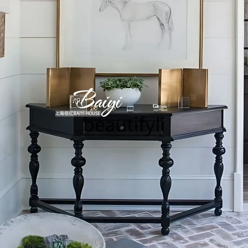 

D06 French retro black porch rack solid wood entrance foyer porch cabinet American simple light luxury high sense
