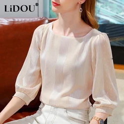 2023 Spring Summer New Square Neck Solid Color Three Quarter Tee Shirt Women French Style Bright Silk Loose Casual Chiffon Shirt