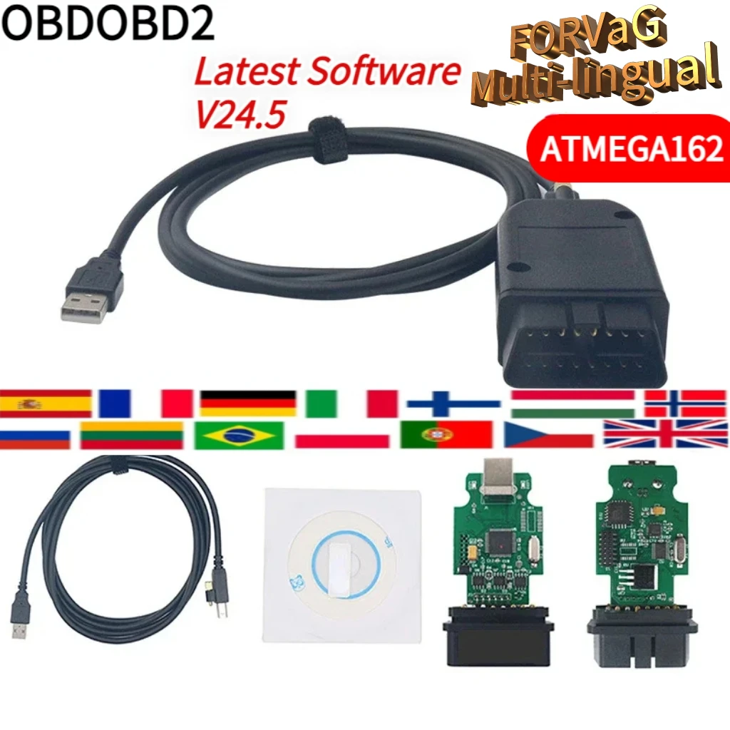 Latest softwareV24.5 OBD2 Scanner interface USB V2 For AUDISkodaSeat ilimitados  ATMEGA162 ForVaG Hex Scanner USB French English