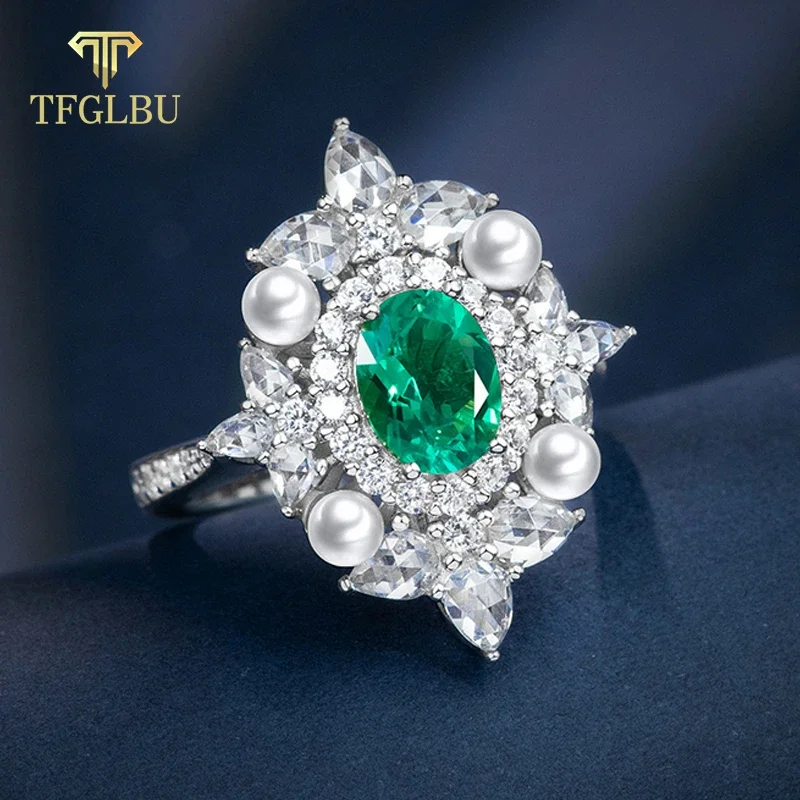 TFGLBU 2CT 6*8mm Vintage Oval Colombian Emerald Ring for Women Solid 925 Silver Sparkling Gem Band Party Fancy Luxury Jewelry