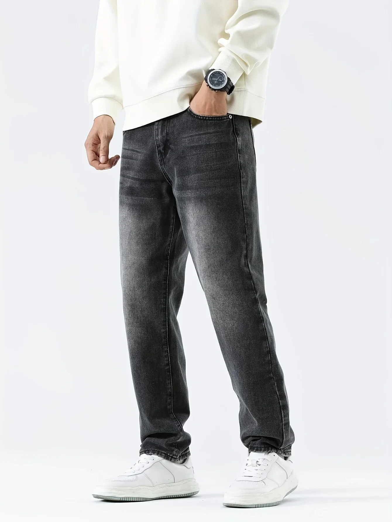 Men's Classic Fit Black Denim Jeans - Casual Style, Non-Stretch Fabric, Machine Washable, with Pockets, All-Season Wear