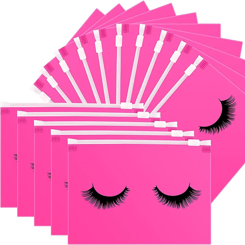 10pcs borse con cerniera per ciglia PE sacchetto di immagazzinaggio rosa riutilizzo sacchetto cosmetico impermeabile glassato chiusura lampo