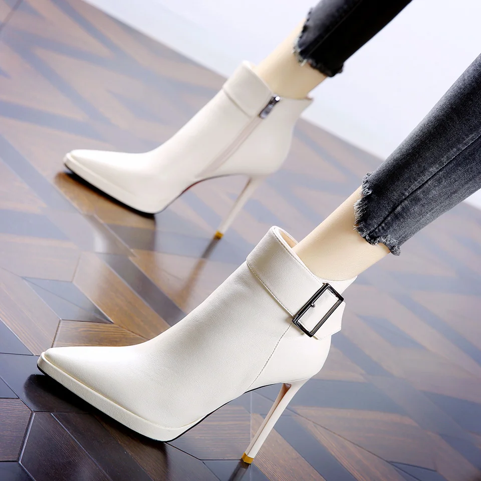 

Winter Plush Inside High Heeled Shoes Woman Pointed Waterproof Platform Thin Heel Boots 2023 Female Niche Design High Heel Boot