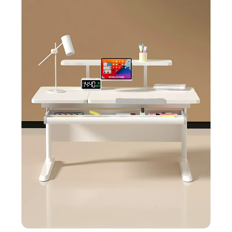 Excellent Child Star Study Table Student Home Desk, Lifting Writing Desk Solid Wood Table and Chair Set Large White Table