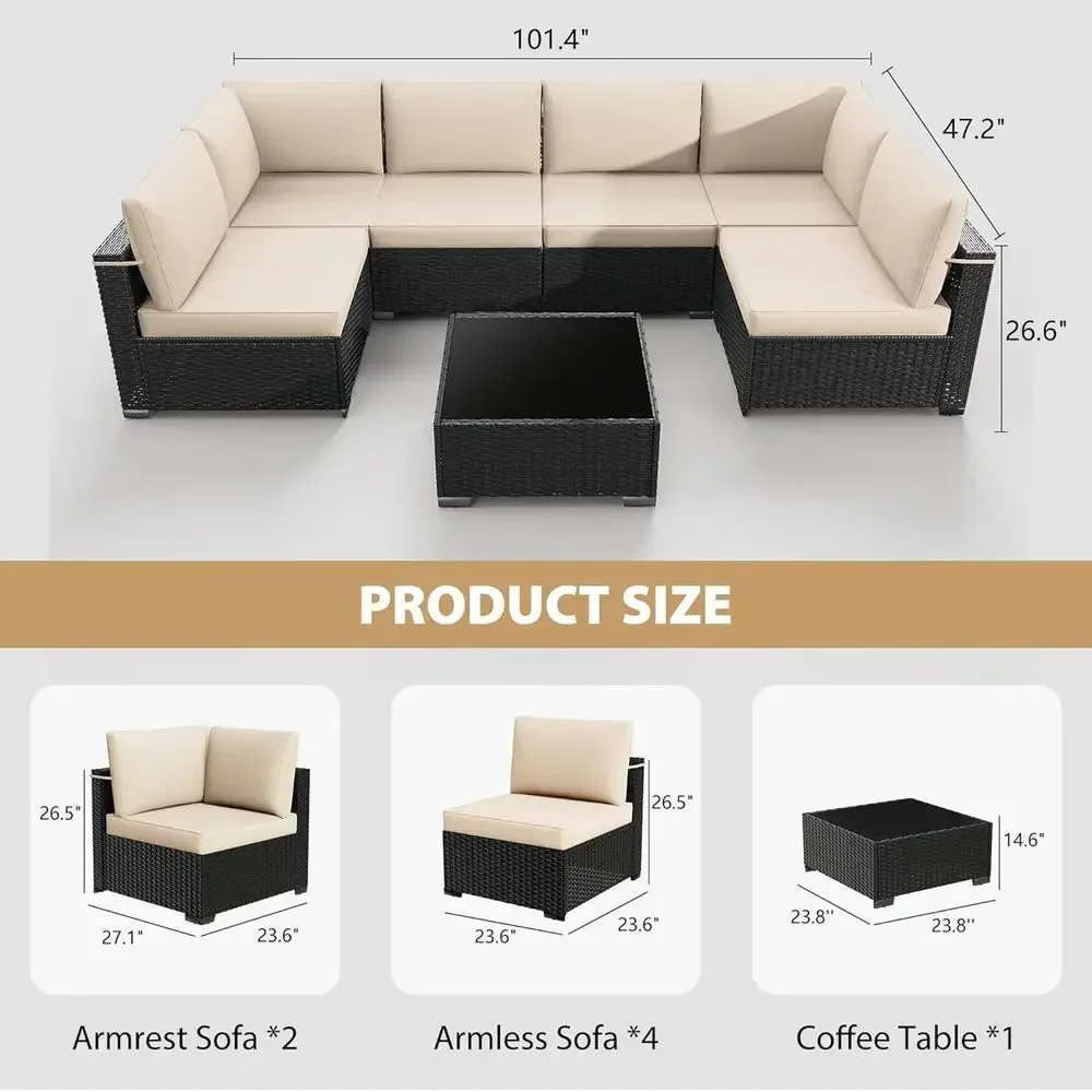 8-Piece Outdoor Furniture Set with 43in Gas Fire Pit and Coffee Table, PE Rattan Patio Conversation Sofa Set, Black/White Patio
