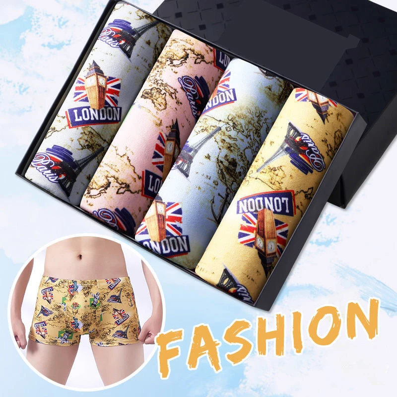 4pcs/set Mens Panties Seamless Printed Underpants Man Pack Shorts Boxers Underwear Mid-waist Male Fashion Boxer Large Size L-4XL