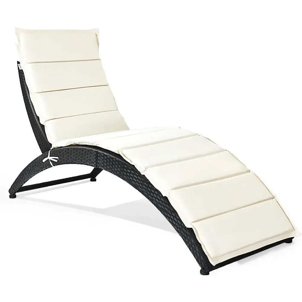 

Foldable Patio Lounge Chair, Outdoor Rattan Lounger Chaise, Portable Patio Chaise with Cushion (1, Beige)