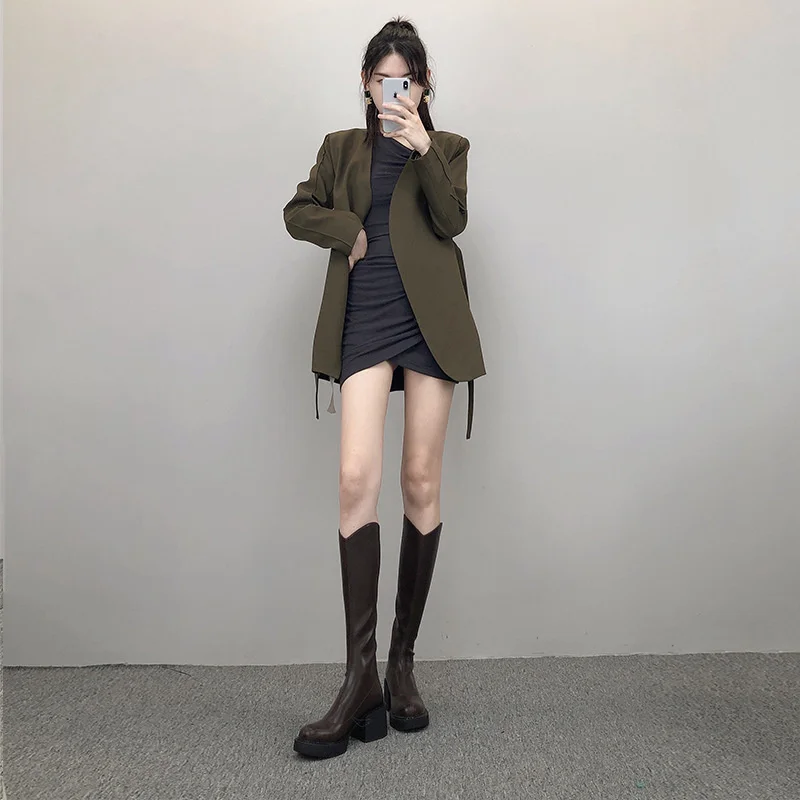 

Brown thick heel boots: Children's new 2022 under knee boots, spring high-heeled Knight boots, thick soled thin boots