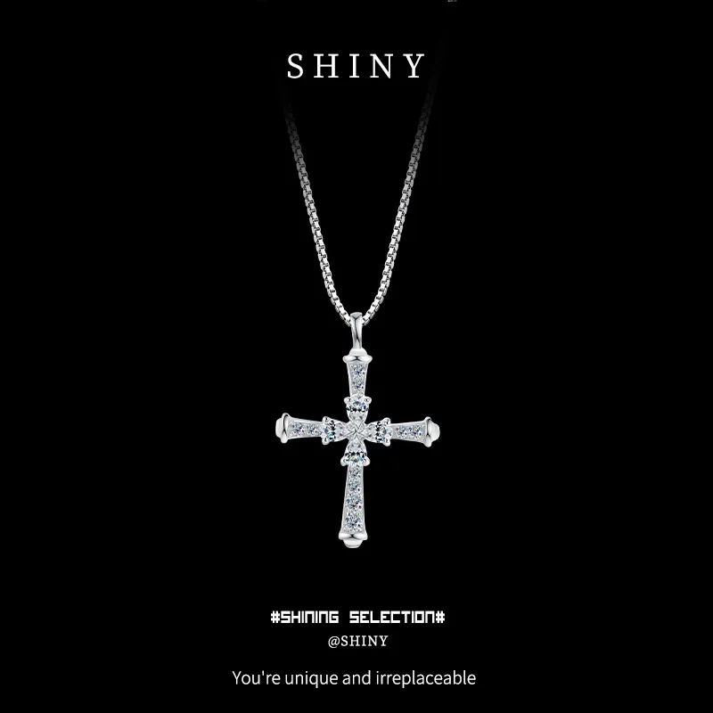 

S925 Sterling Silver D Color VVS1 Moissanite Cross Necklace Sweater Chain Jewelry Gift for Valentine's Day