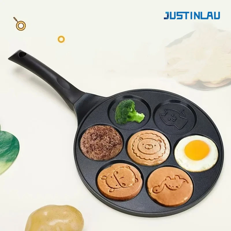 JUSTINLAU Pfannkuchenpfanne mit sieben Löchern, Aluminiumlegierung, Tier-Smiley-Frühstückstopf, Bakelit-Griff, antihaftbeschichtete Pfanne, gebratene Omelettpfanne