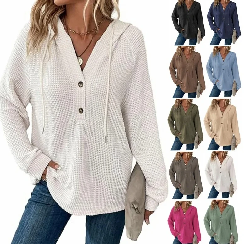 

Woman Multiple Colors Waffle Knit Hooded Henley Sweatshirt Long Sleeve with Drawstring Button Detail Loose Fit Casual Top