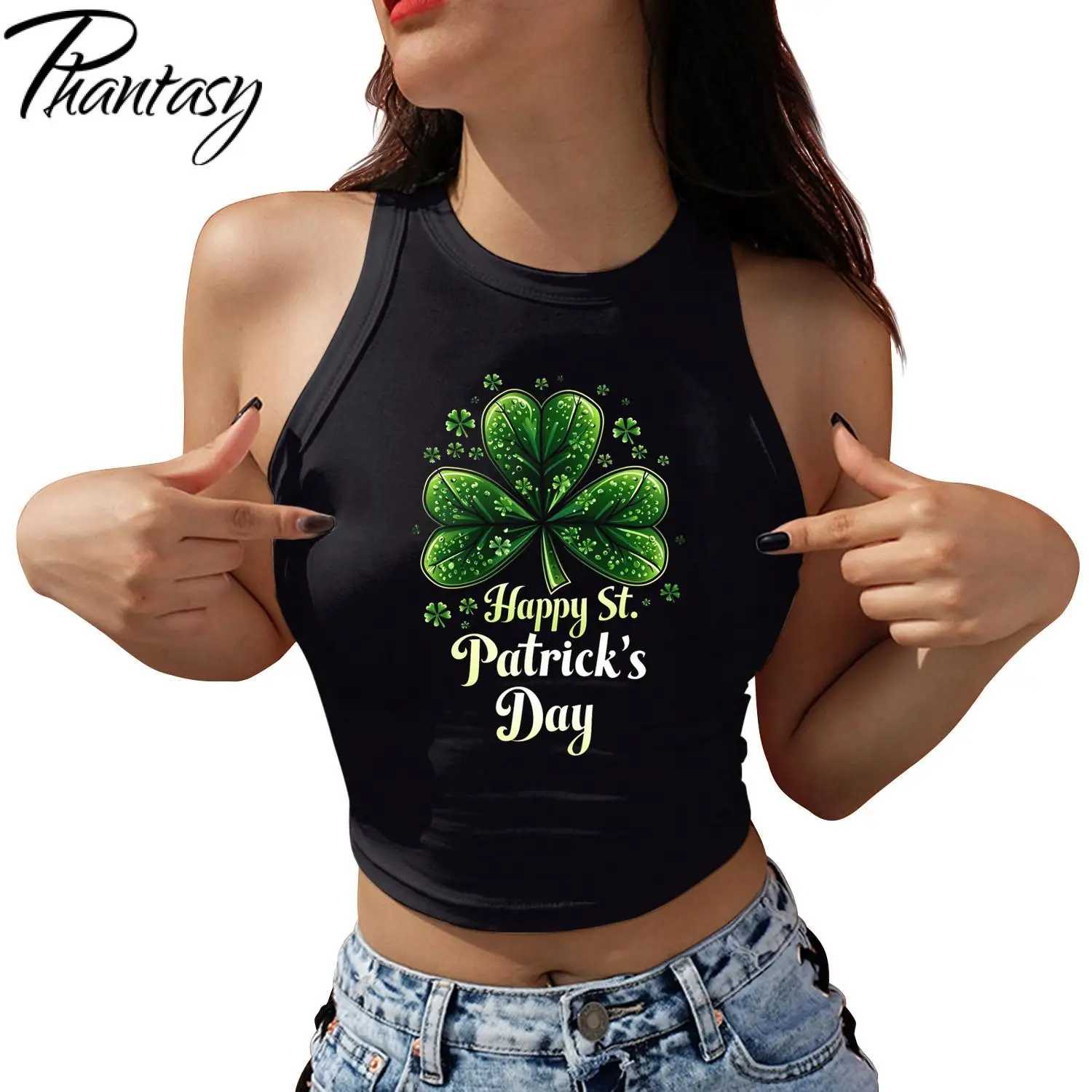 Phantasy St Patrick's Day Printed Tank Women Sexy Crop Top Four Leaf Clover Streetwear Summer Harajuku Casual Y2K Tank Tops