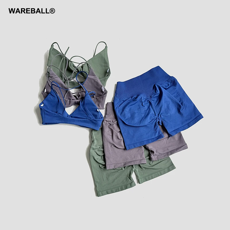 WAREBALL 2 Pcs Gym Set Women Vision Twist Front Bra V Neck Cross Waist Quick Dry Shorts Suit Pilates Workout Running Fitness Set