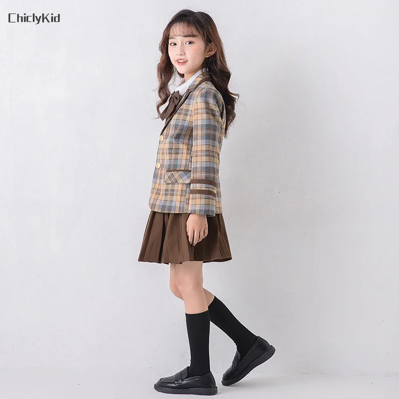 Child School Uniform Girls Korean Japanese Plaid Jacket Pleated Skirts Boys Blazers Formal Dress Suits Kids Student Clothes Sets