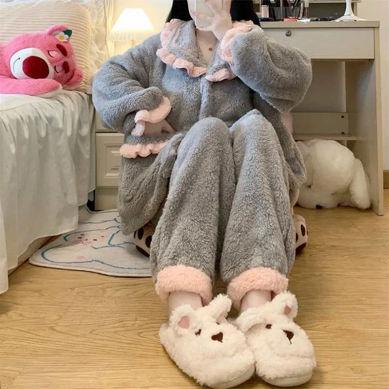 2023 Women Winter New Homewear Sweet Girl Lazy Home Set Thicken Loungewear Popular Princess Style Coral Plush Cardigan Pajamas