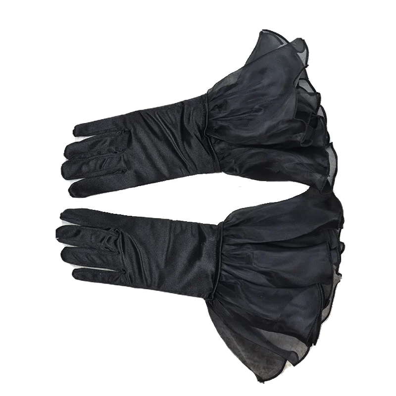 28cm SATINHANDSCHUHE Kurze Rüschen-Manschetten Sexy Wellenärmel für Damen Elegante Weiße Einfarbige Große Puffärmel Hochzeit Braut Stretch-Seide – Detail 4
