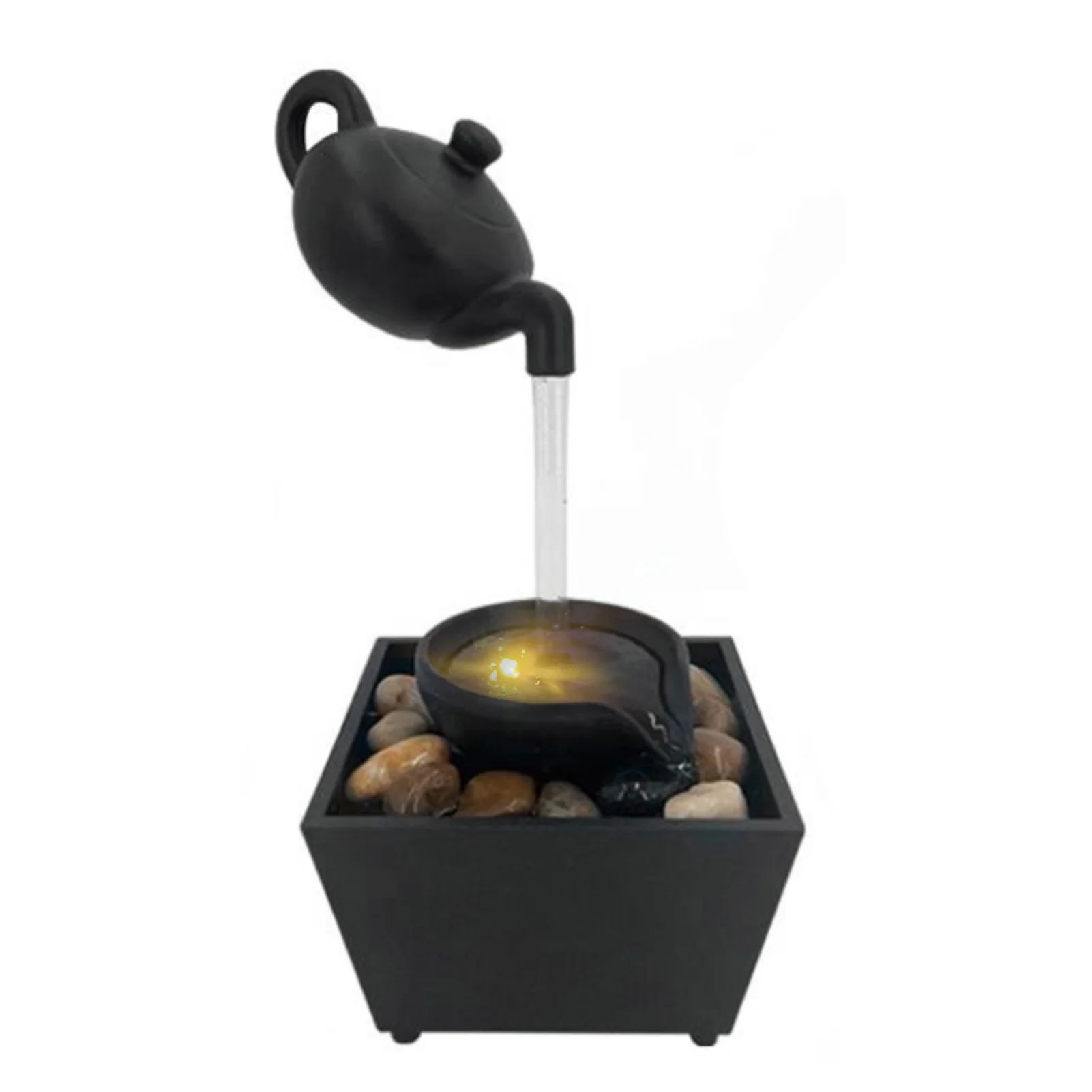 Tetera flotante, adorno de fuente de agua, decoración de cascada de mesa interior con piedras de luz LED, decoración de mesa para el hogar y la Oficina