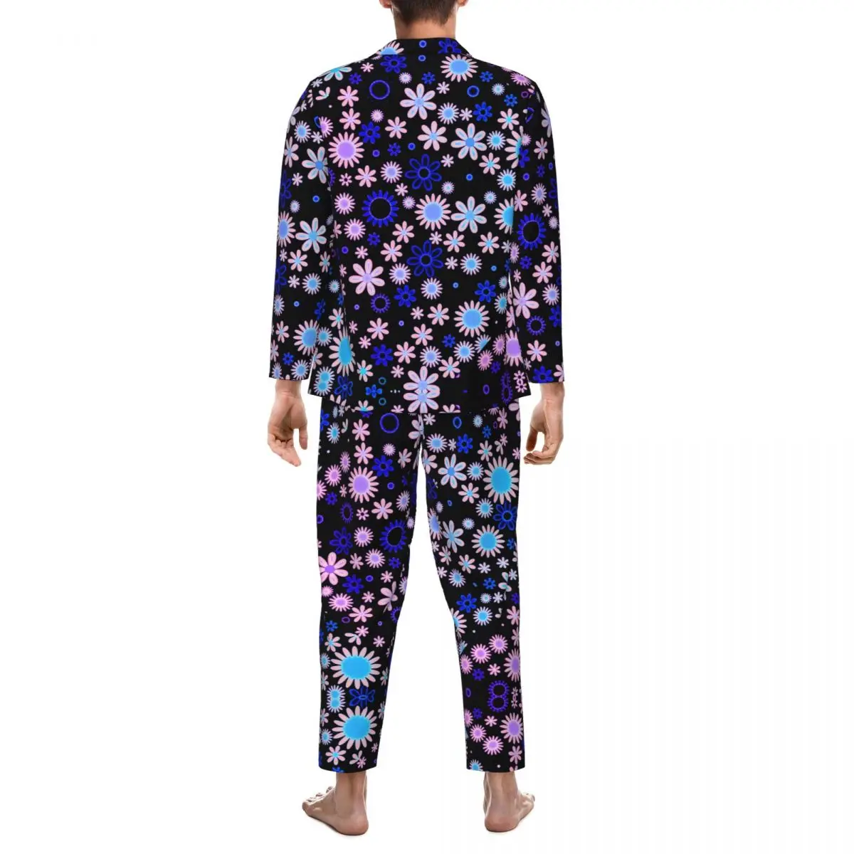 Flower Power Sleepwear Autumn Retro 70s Style Casual Oversized Pajama Set Male Long Sleeve Soft Bedroom Design Nightwear