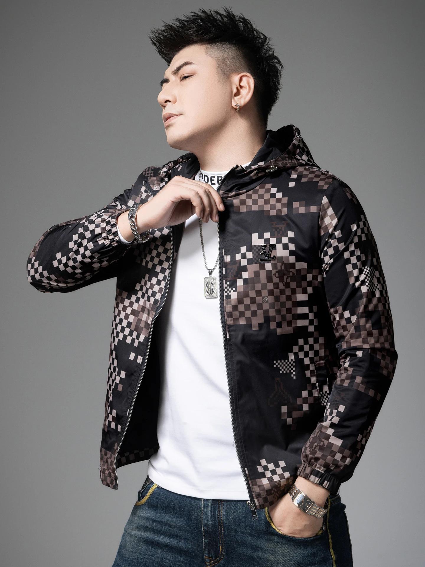 

Ele Plaid Print Hooded Jaet Men's New 2026 Autumn Sli Casual Top Polyester Fiber Stand Fit Windproof Zipper Closure