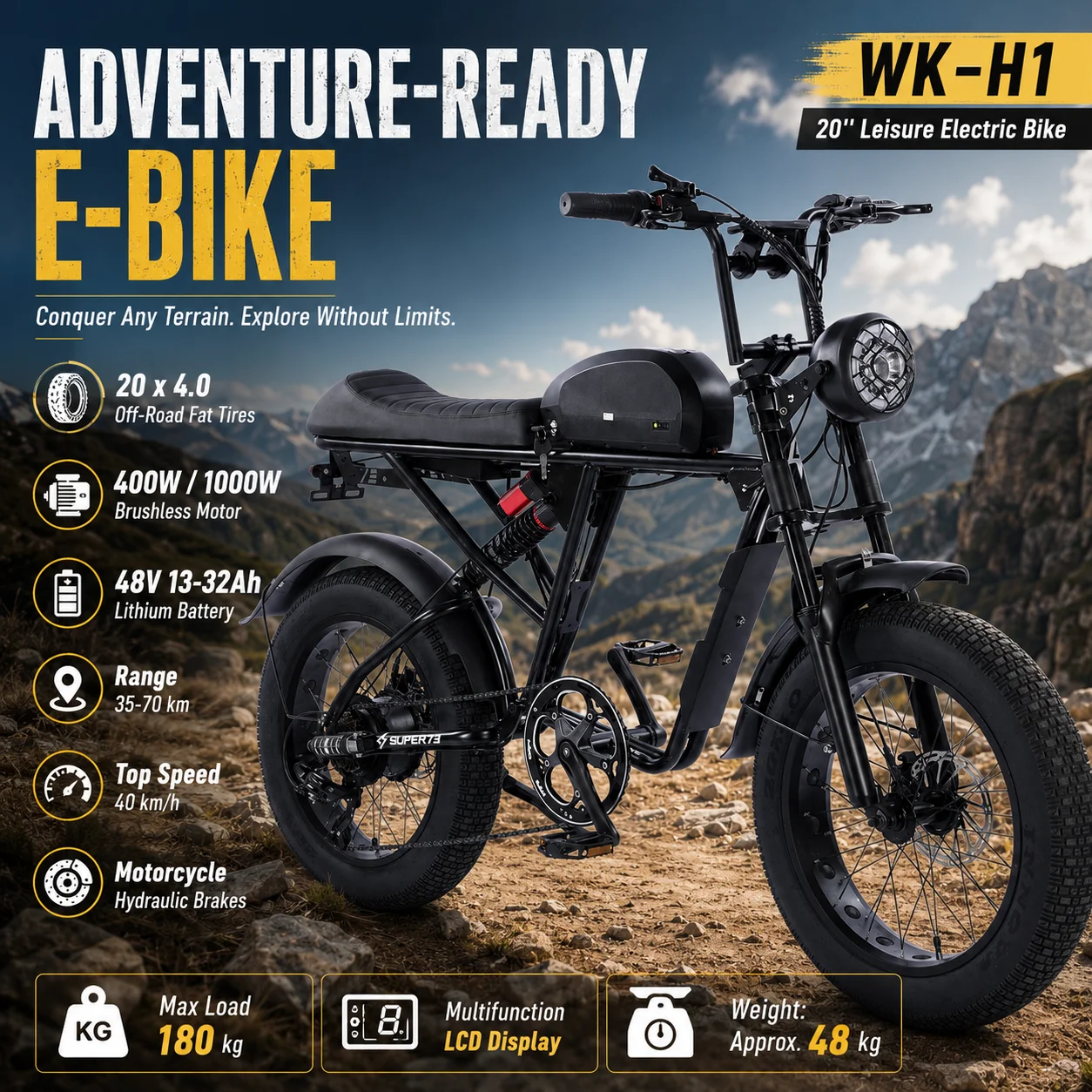 WK-H1 E-Bike High Power Electric Bicycle for Adults 20x4.0 Off Road Tires 48V 32Ah Battery 1000W Motor Multifunction LCD
