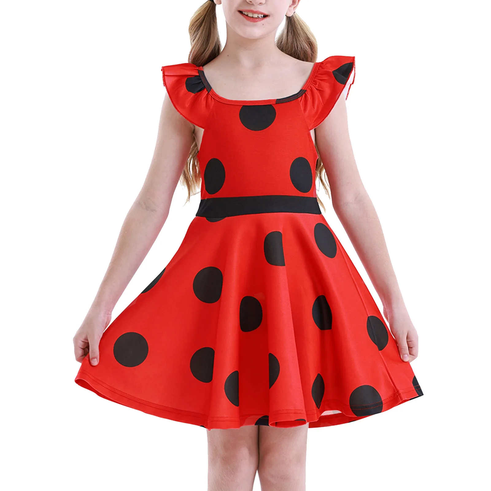 Halloween Kids Girls Cartoon Ladybug Dress Cosplay Costumes Straps Sleeveless Polka Dots Print High Waist A-line Short Dresses