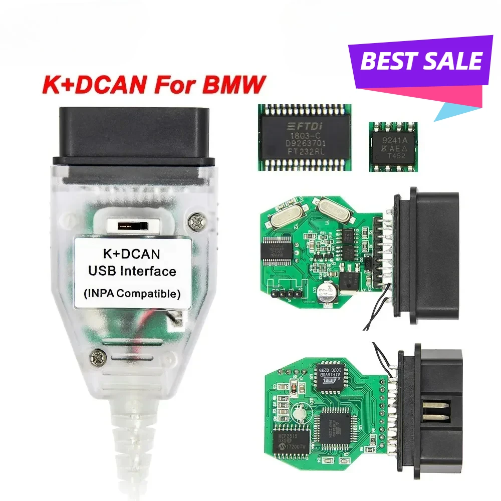 

Диагностический кабель USB K+DCAN для BMW с чипом FTDI, OBD2 сканер, инструмент для диагностики автомобилей BMW, интерфейсный кабель K+DCAN для BMW.