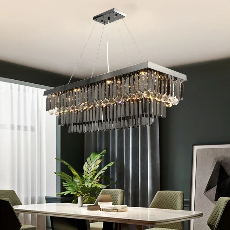 Modern Crystal Chandelier for Dining Room Luxury Rectangle Hanging Smoke Gray Crystals Lamp Island Led Cristal Lustre