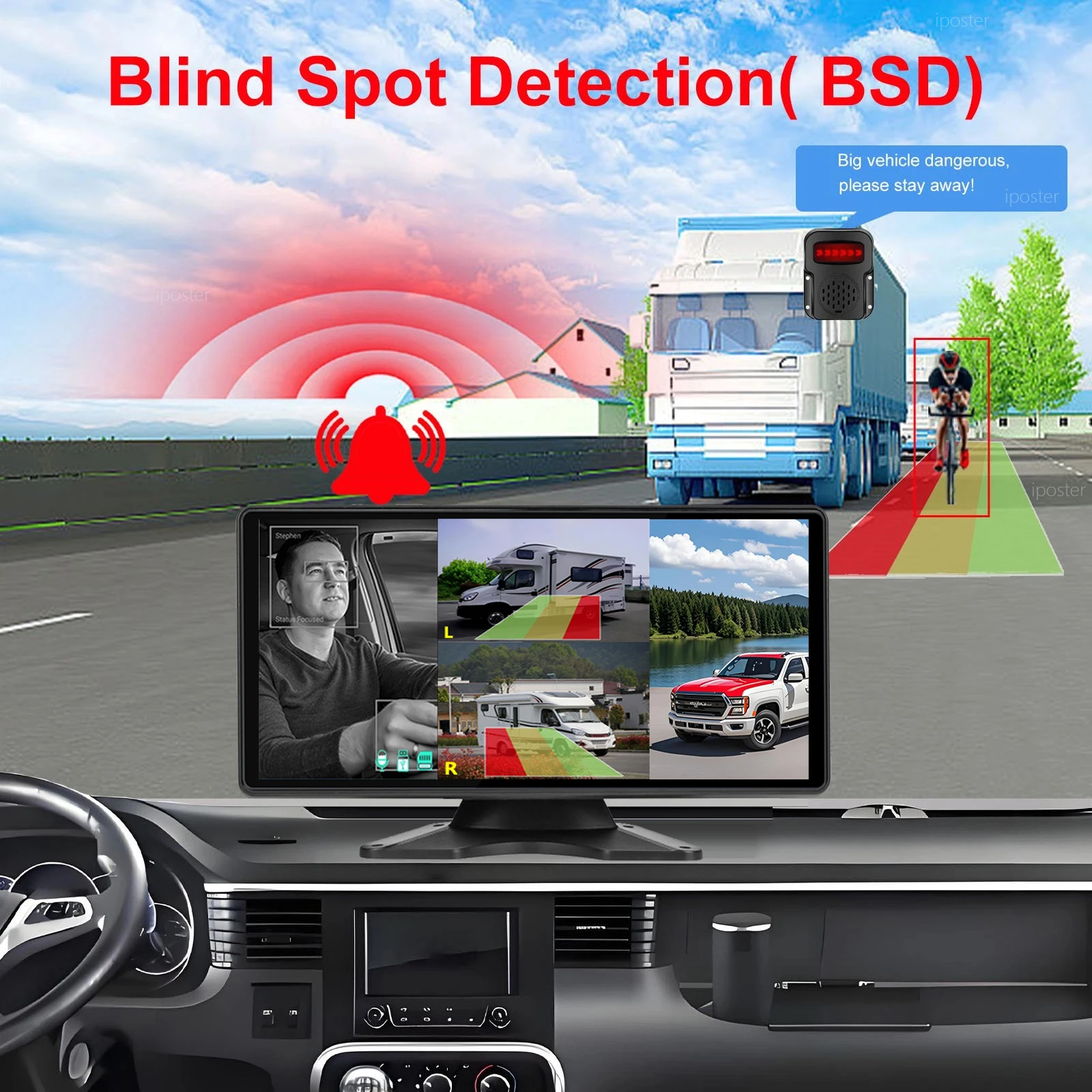 10.36 Inch Touch Screen 5ch DVR Loop Recording DMS BSD Fatigue Detector Pedestrian Safety Alert Waterproof Reverse Aid Monitor