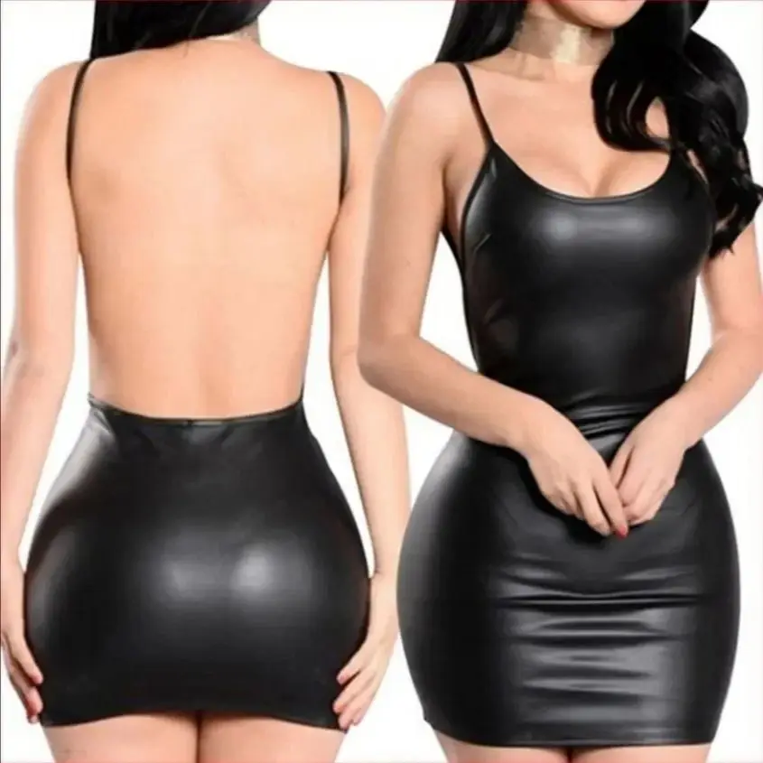 Sexy Faux Leather Dress Backless Club Party Fun Cosplay Short Dress Solid Black Wet Look Latex Bodycon Tight Bodysuit Mini Micro