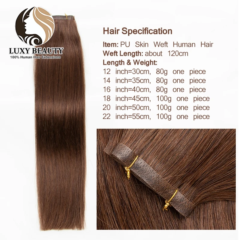 Long Straight Tape Weft Human Hair Extensions 12"-22" Invisible PU Skin Flat Weft Hair Bundles 100g Sew In Micro Links Hair