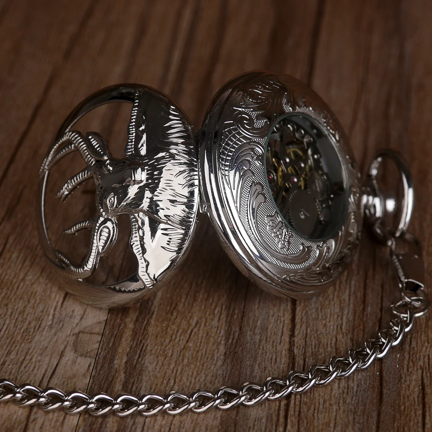 Mechanical Pocket Watch Elk Pattern Roman Numerals Dial Manual Machinery Silver Fob Chain Pendant Clock Male